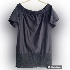 ALL Saints Livia Trixie Black Off Shoulder Smocked Eyelet  Mini Cotton Dress S